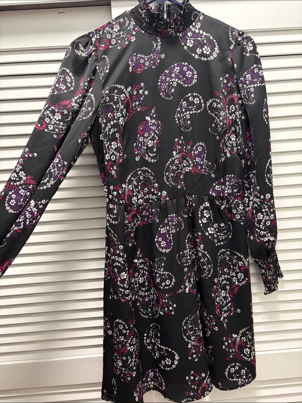 LOFT Black Paisley Long-Sleeve Dress with Purple & Pink Accents